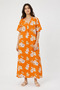 Women's Orange Floral Patterned V-Neck Loose Cut Long Dress - 5