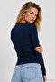 Women's Navy Blue Crew Neck Long Sleeve Blouse - 4