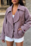 Women's Burgundy Herringbone Patterned Wide Collar Oversized Puffer Jacket - 2