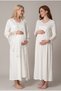 Women's Ecru Volan Sleeve Lace Detailed Long Sleeve Nursing Detailed Maternity Nightgown Set with Dressing Gown