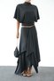 Stand-Up Collar Blouse with Asymmetric Cut Skirt Set - Black