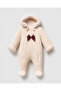 Baby Girl Beige Bow Forever Cotton Jumpsuit with Jacket - 2