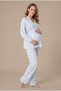 Women's Blue Muslin Cotton Fabric Side-Tie Long Sleeve Double-Breasted Collar Maternity Nightgown Pajama Set for Easy Breastfeeding - 4