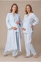 Women's Blue Muslin Cotton Fabric Side-Tie Long Sleeve Double-Breasted Collar Maternity Nightgown Pajama Set for Easy Breastfeeding