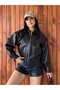 Women's Zippered Crop Leather Jacket with Elastic Waist - 3