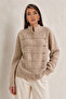 Women's Beige Stand Collar Stripe and Gold Button Detailed Soft Knit Cardigan