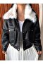 Women's Leather Jacket with Fur Collar Detail - 3