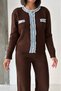 Women's Brown Denim Jean Detailed Buttoned Cardigan and Wide-Leg Knitwear Pants Bottom-Top Two-Piece Set - 5
