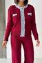 Women's Burgundy Denim Jean Detailed Buttoned Cardigan and Wide-Leg Knitwear Trousers Two-Piece Set (S/M B - 6