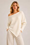 Women's Ecru Asymmetrical Cut Madonna Boat Neck Soft Knitwear Blouse - 5