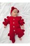 Baby Girl Pompom Knitwear Jumpsuit Bandana 2-Piece Set Red Newborn Winter Jumpsuit - 5