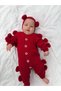 Baby Girl Pompom Knitwear Jumpsuit Bandana 2-Piece Set Red Newborn Winter Jumpsuit - 3