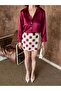 Ruby Burgundy Satin Shirt Mosaic Square Patterned Lace Shorts Skirt - 5