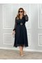 Women's Chiffon Fabric Lined Flared Cut Double Breasted Collar Midi Length Dress