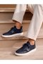 Navy Blue Genuine Leather Men's Sneakers with Knitwear Detail and Lace-Up Closure - 2