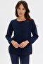 Women's Crew Neck Knitted Rose Embroidered Short Wool Cardigan Navy Blue - 2