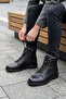 Black Genuine Natural Leather Men's Boots with Laces and Zipper, Fur Plush Lining, Real Printed Leather Men's Winter Spring Boots - 7
