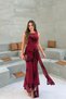 Women's Burgundy Sim Embroidered Tulle Waist-Tied Sleeveless Long Evening Dress - 2