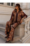 Women's Jesica Fabric Shawl Patterned Shirt and Trousers Two-Piece Set – Brown - 4