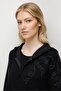 Women's Leaf Embroidered Hooded Long Wool Cardigan Black - 2