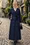 Women's Double Button Belted Lined Bondit Navy Blue Trench Coat - 4