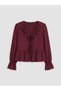 Ozmarka New Season Burgundy V-Neck Ruffled Blouse with Tie Detail - 5