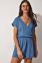 Wrap Collar Short Knitted Jumpsuit with Shorts Lub0026 Indigo Blue - 2