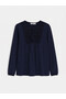 Vizyon New Season Navy Blue Tie-Neck Embroidered Blouse - 5