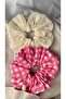 Ecru Embroidered Scallop and Pink Gingham Patterned 2-Piece Fabric Scrunchie Hairpin Set - 2