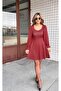 Women's Red Plaid Patterned Balloon Sleeve Modal Fabric Square Neck Mini Flared Bell Model Dress - 4