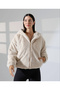 Women's Beige Hooded Zipper Closure Plush Lined Oversize Bomber Coat Winter Outerwear - 2