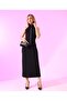 Women's Black High-Neck Buttoned Draped Long Dress - 5
