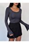 Women's Anthracite Slit Spanish Sleeve Long Sleeve Diver Fabric Blouse