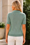 Women's Short Sleeve Polo Collar Diamond Patterned Cotton Perforated Openwork Stylish Elegant Casual Mint Knitwear Blouse - 3