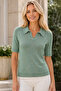 Women's Short Sleeve Polo Collar Diamond Patterned Cotton Perforated Openwork Stylish Elegant Casual Mint Knitwear Blouse - 5