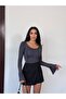 Women's Anthracite Slit Spanish Sleeve Long Sleeve Diver Fabric Blouse - 6
