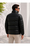 Men's Leather Puffer Coat Black Men's Leather Coat Stand Collar Leather Coat Casual Men's Leather Coat. - 5