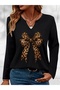Ribbon Printed Cotton Half V-Neck Long Sleeve Blouse T-Shirt