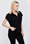 Women's Polo Neck V Cut Short Sleeve Blouse - 2