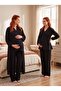New Season Black Double-Breasted Muslin Fabric Design with Easy Breastfeeding Feature, Long Sleeve, 100% Cotton Maternity Pajama Set - 3