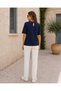 Women's Crew Neck Short Sleeve Mercerized Knitwear Blouse with Drop Back Detail - 3