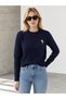 Women's Navy Blue Bear Embroidered Hair Knit Sweater - 2