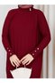 Pleated Sleeves Buttoned Knitwear Dress Burgundy - 5