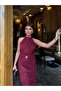 Women's Burgundy Halter Neck Glittery Patterned Long Dress - 5