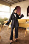 Black Waist Ruffled Elastic Double Buttoned Jacket and Trousers Set