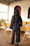 Black Waist Ruffled Elastic Double Buttoned Jacket and Trousers Set - 4