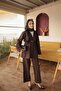 Brown Waist Ruffled Elastic Double Buttoned Jacket and Trousers Set - 2