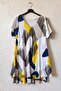 Italian Yellow-Blue-White V-Neck Short Sleeve Patterned Lined Layered Linen Look Woven Dress 98 65 - 2