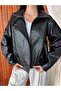 Women's Stand Collar Zippered Leather Jacket with Rubber Detail - 6