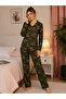 Women's Green Plaid Teddy Bear Patterned Pajama Set Shirt Collar Long Sleeve Long Leg 2-Piece Set - 3